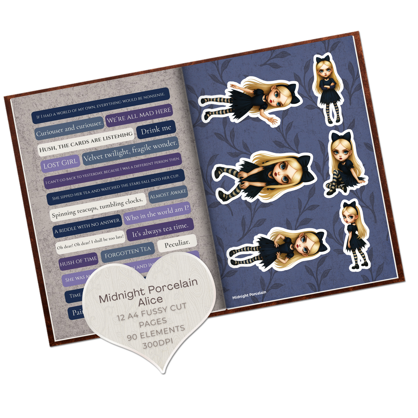 Midnight Porcelain Alice Fussy Cut Collage Pages - 12 JPGS