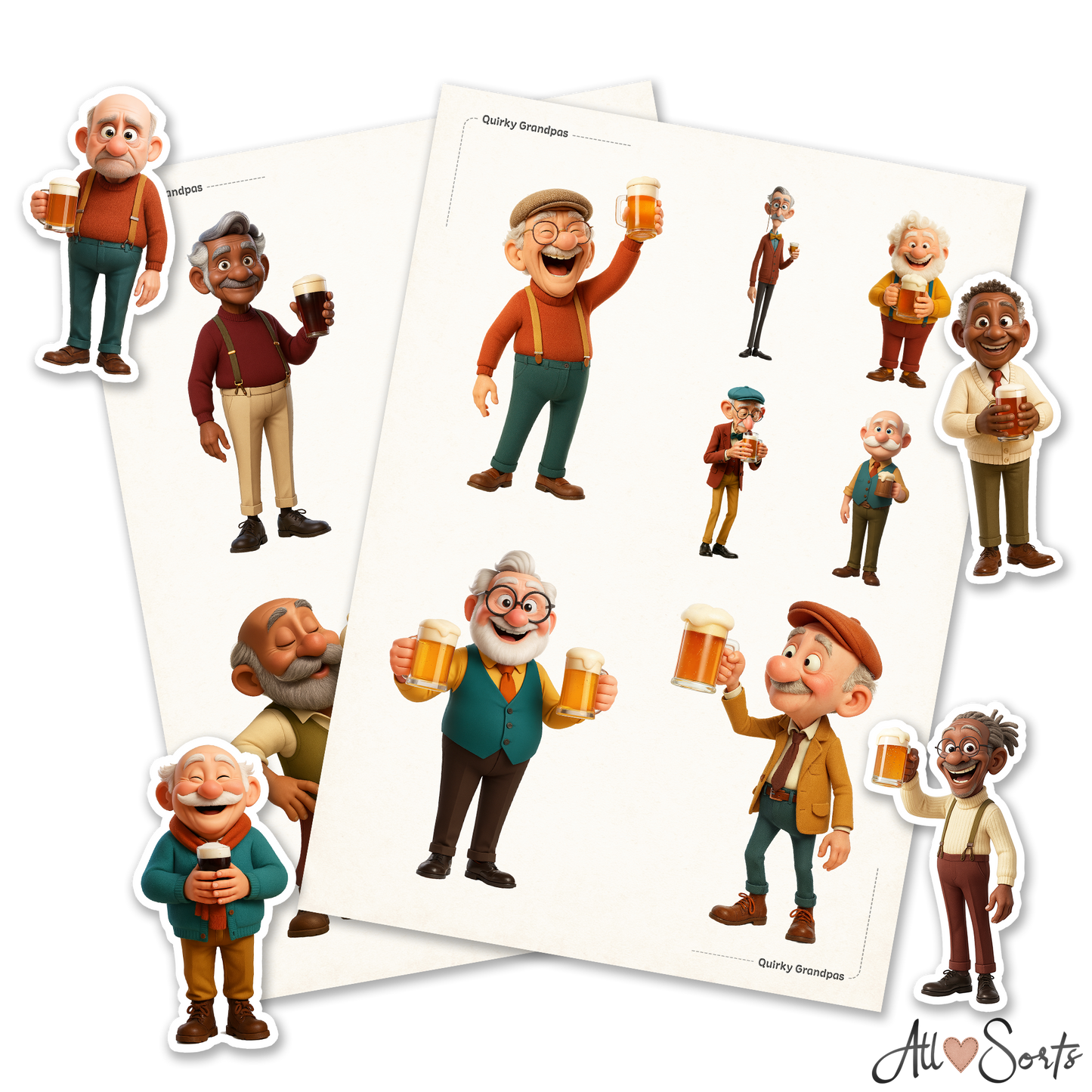 Quirky Grandpas Drinking Beer Fussy Cut Pages Digital Download