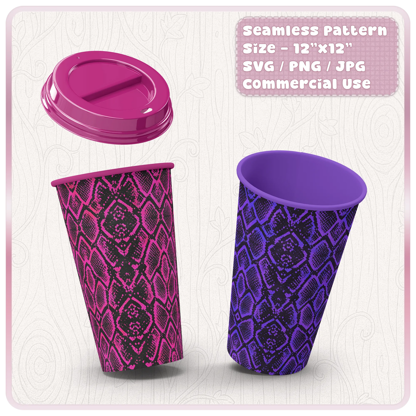 Seamless snake skin pattern applied to travel cup mockups in pink and purple, perfect for sublimation tumblers and craft projects.