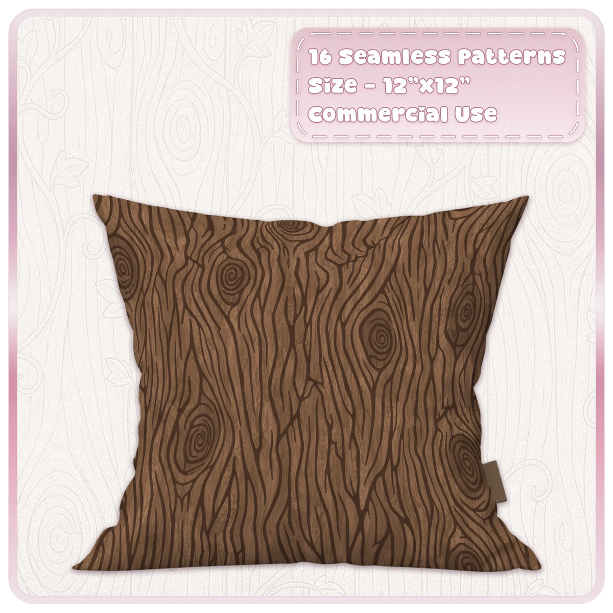 Warm brown storybook wood grain seamless pattern displayed on a cushion mockup with flowing timber texture