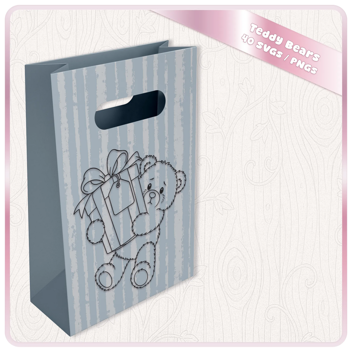 Teddy bear with present SVG clipart shown on a striped gift bag mockup from the 40 cute bear design bundle