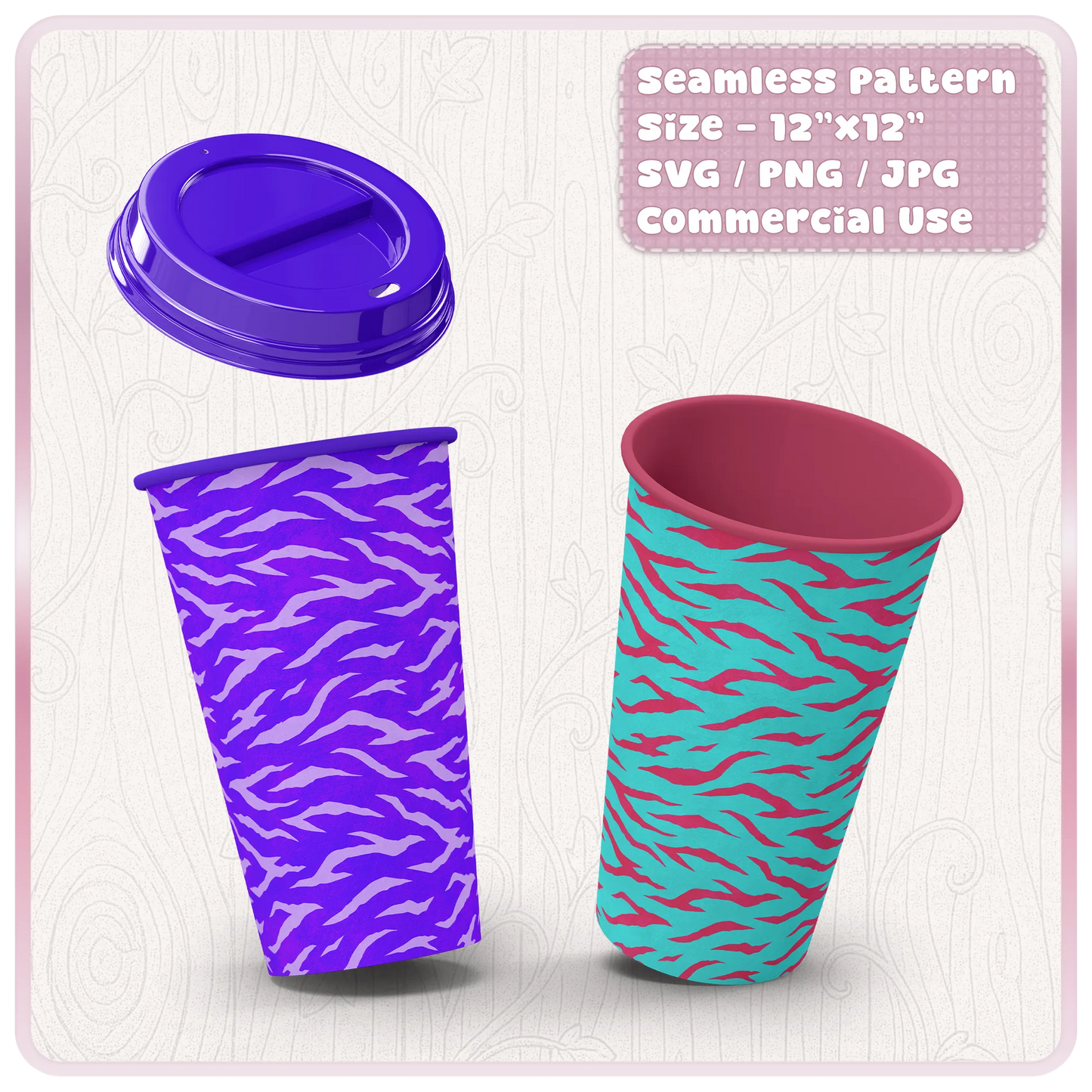 Seamless tiger animal print pattern applied to reusable cup mockups, ideal for tumbler wraps, drinkware designs and sublimation projects.