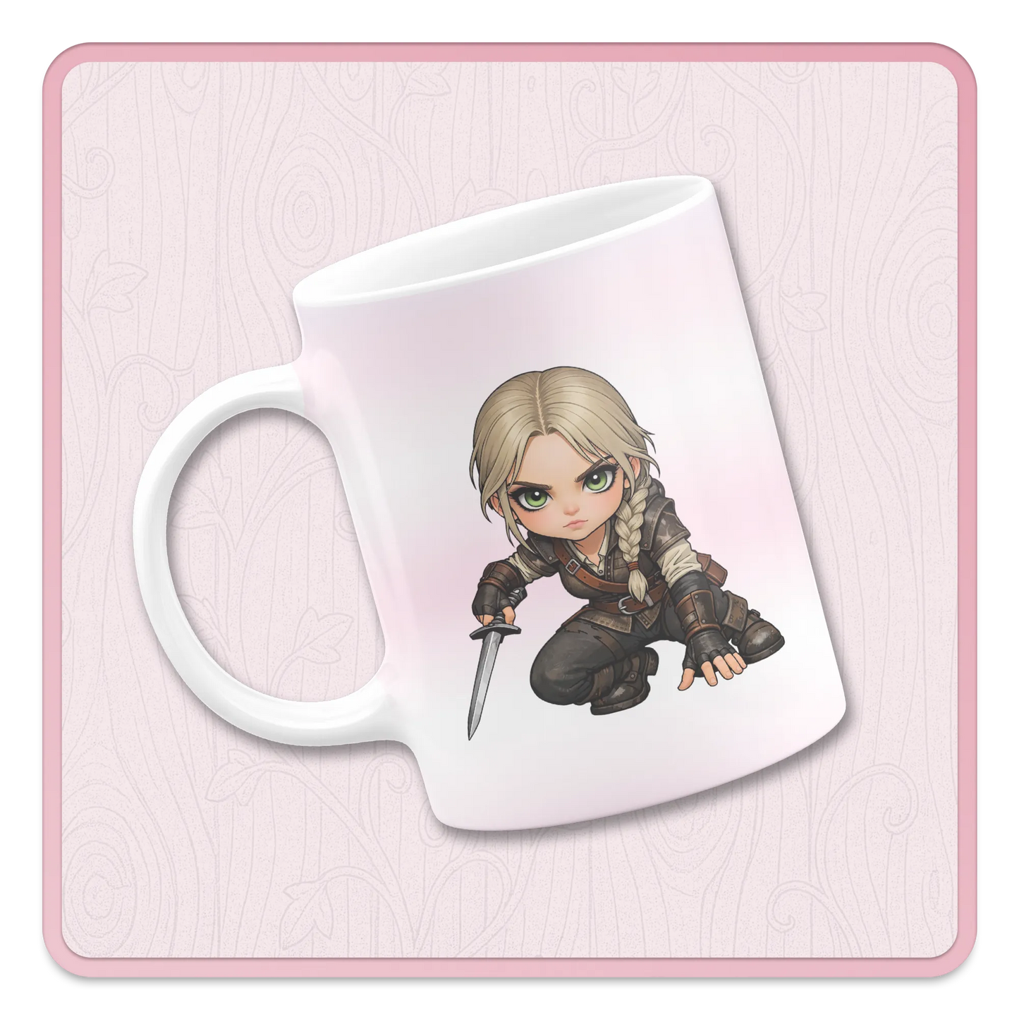 Cute warrior girl clipart on mug mockup, chibi fantasy female knight PNG for sublimation mugs and gifts.