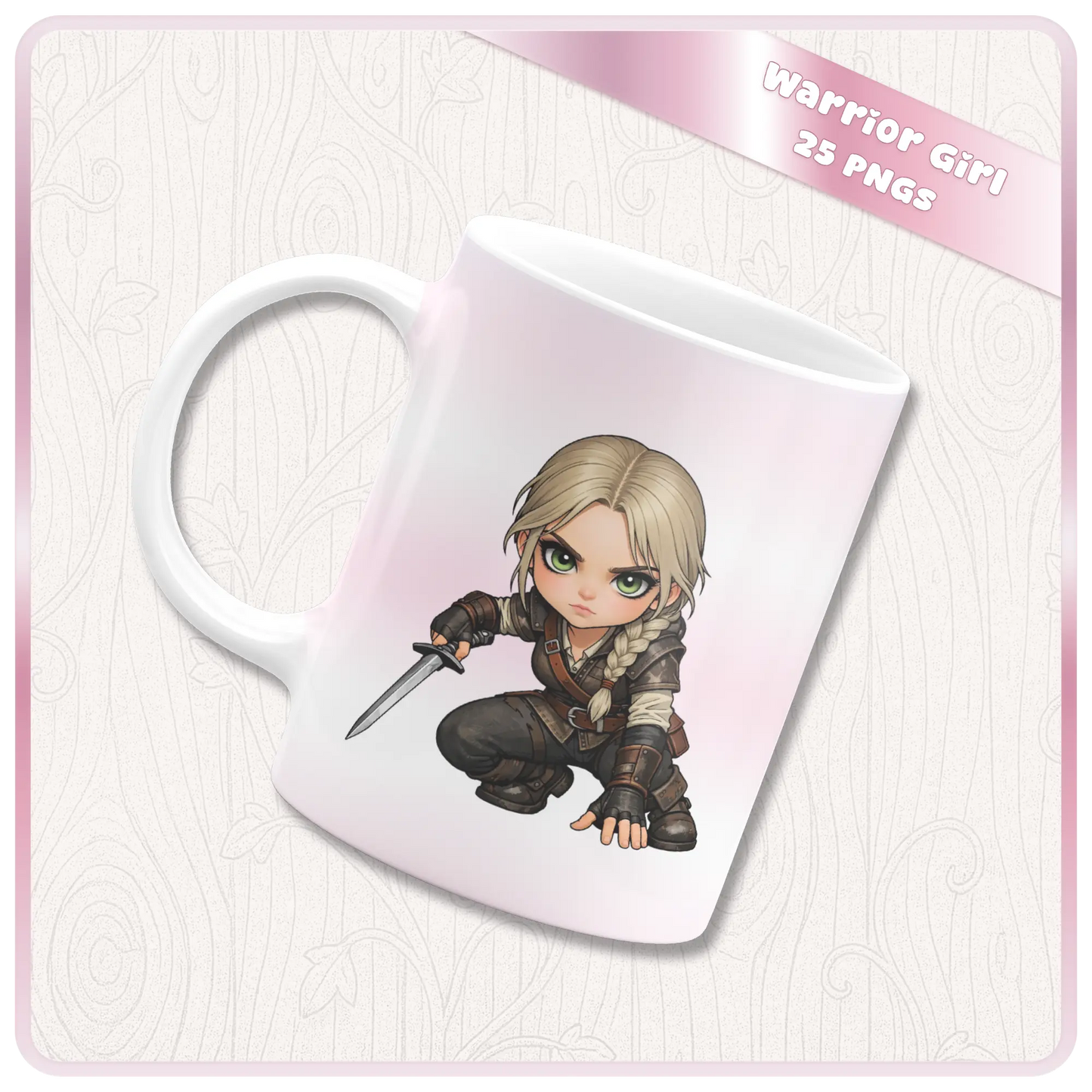 Coffee mug mockup with warrior girl crouching pose design, chibi fantasy fighter PNG for sublimation gifts and custom drinkware