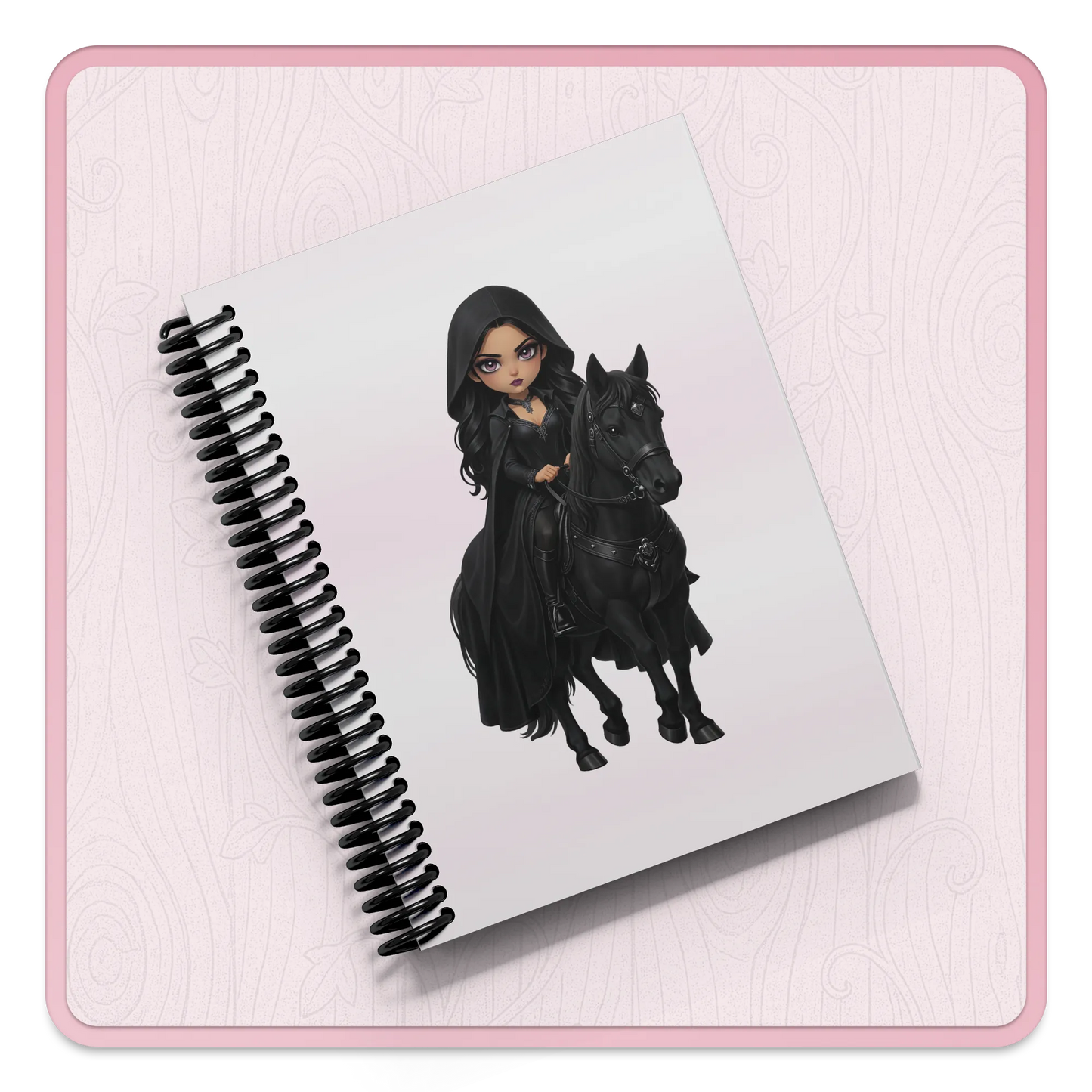 Witch woman clipart notebook mockup, chibi gothic witch riding a black horse, fantasy journal cover design.