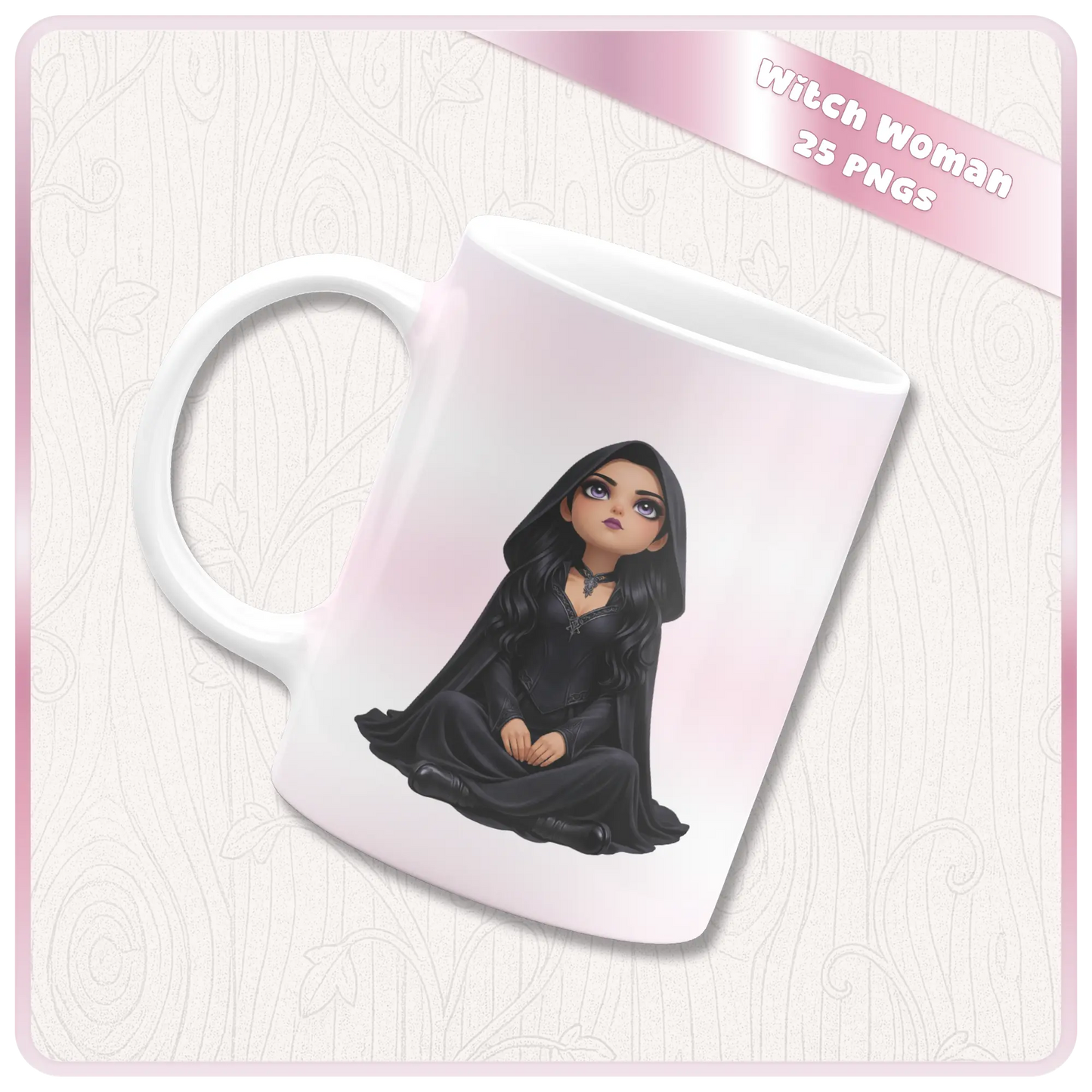 White coffee mug mockup with gothic witch girl sitting pose, dark academia fantasy PNG for sublimation gifts and drinkware