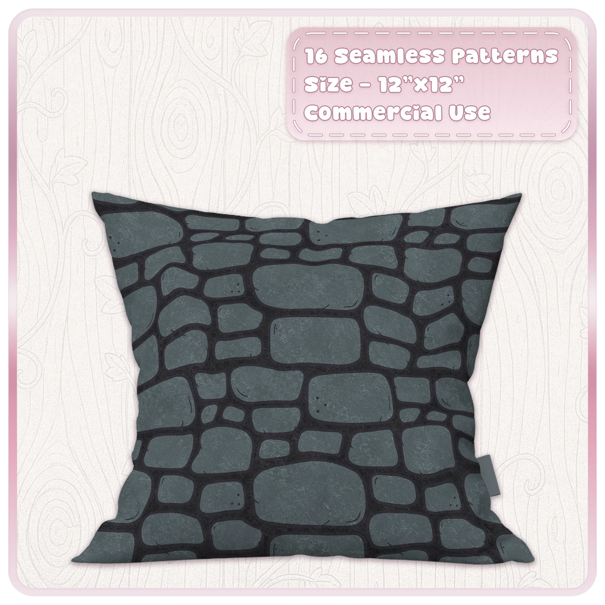 Dark fairytale stone seamless pattern on cushion mockup featuring smoky teal cobblestone and charcoal gothic mortar