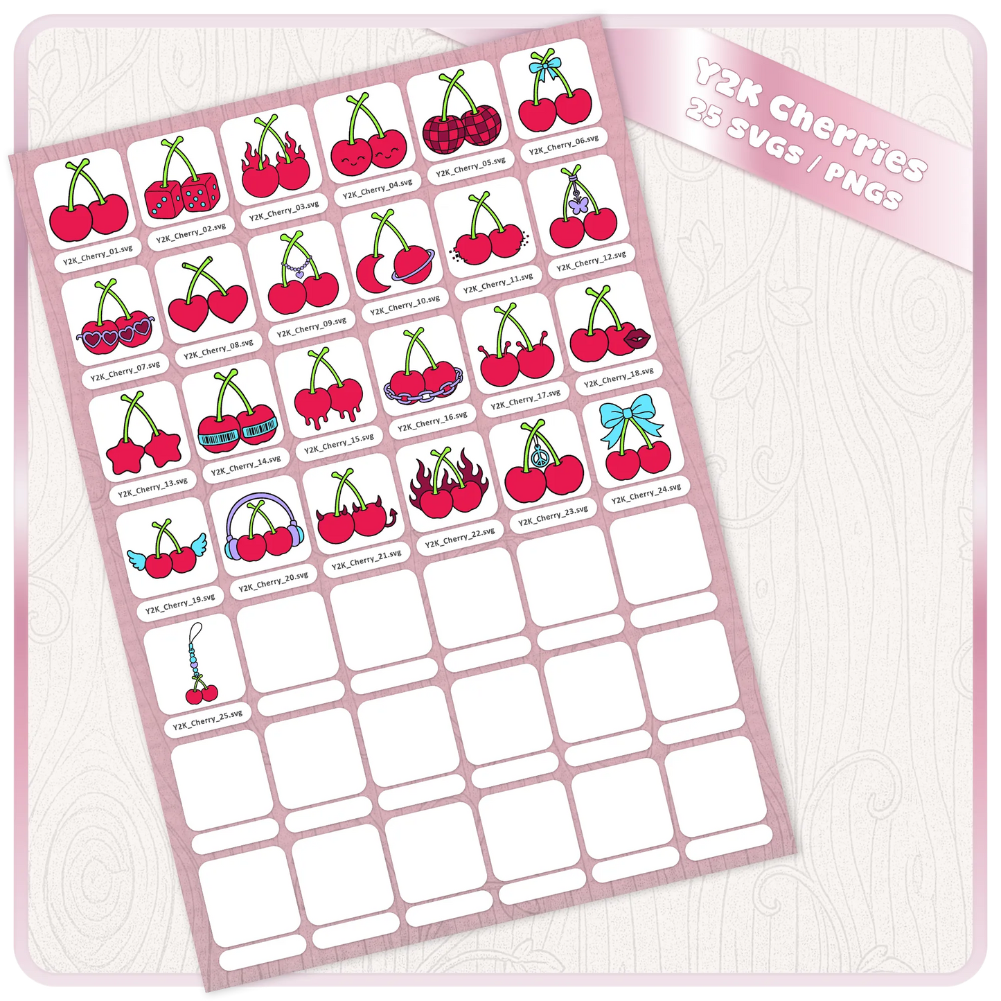 Preview sheet displaying 25 Y2K cherry SVG files including flaming, heart, bow, dice, chain and retro cherry designs.