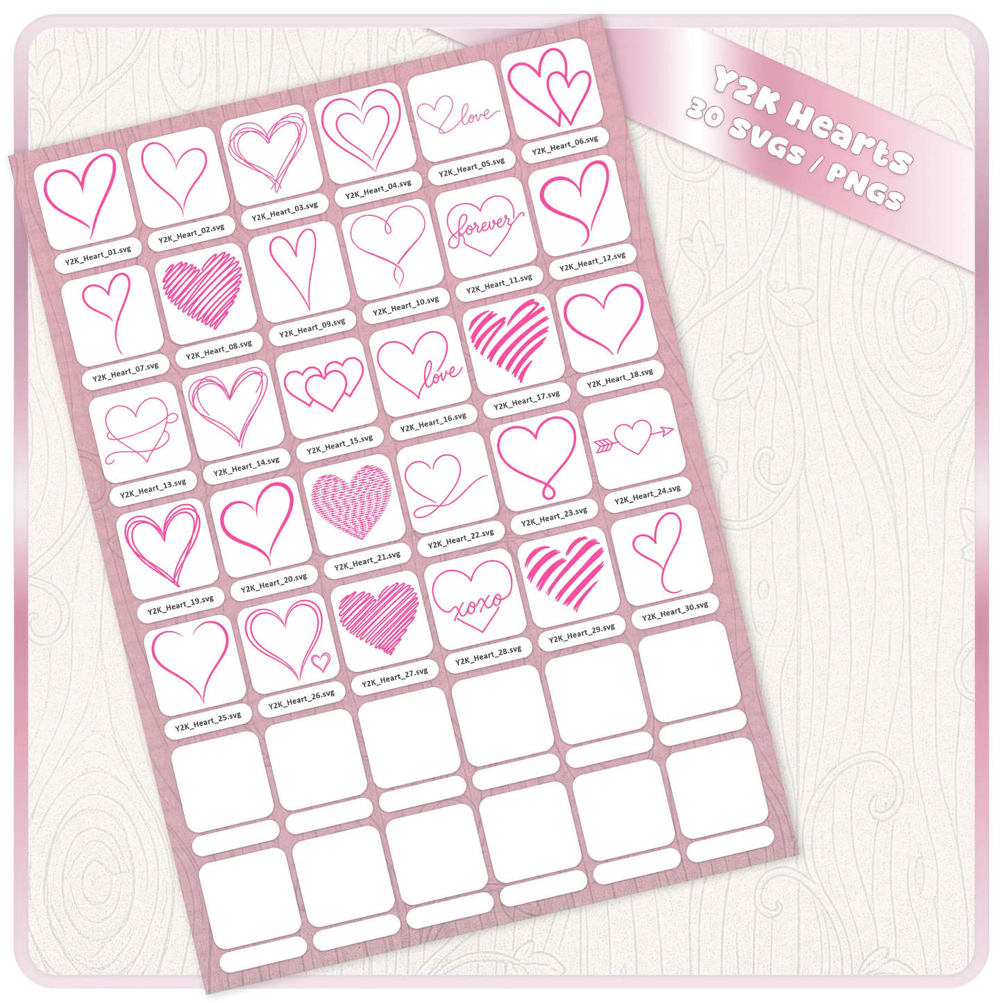 Y2K Hearts 30 SVG and PNG bundle preview showing all retro heart cut files including love, XOXO, scribble, arrow and hand drawn heart designs.