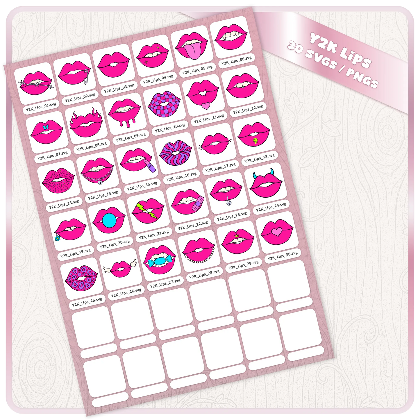 Y2K Lips 30 SVG PNG bundle preview sheet showing hot pink retro lip clipart files for Cricut, stickers, sublimation, shirts, planners, and digital crafts.
