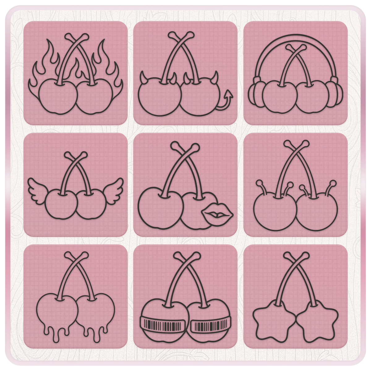 Y2K cherries SVG designs featuring flaming cherries, devil cherries, cherry headphones, angel wings, melting cherries, bow cherries and retro 2000s clipart