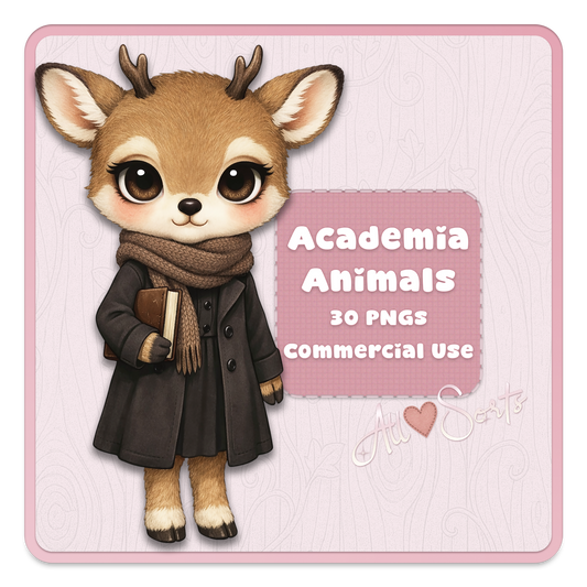 Dark academia animals clipart bundle, cute scholarly woodland animals with books and glasses PNG set for journaling and crafts