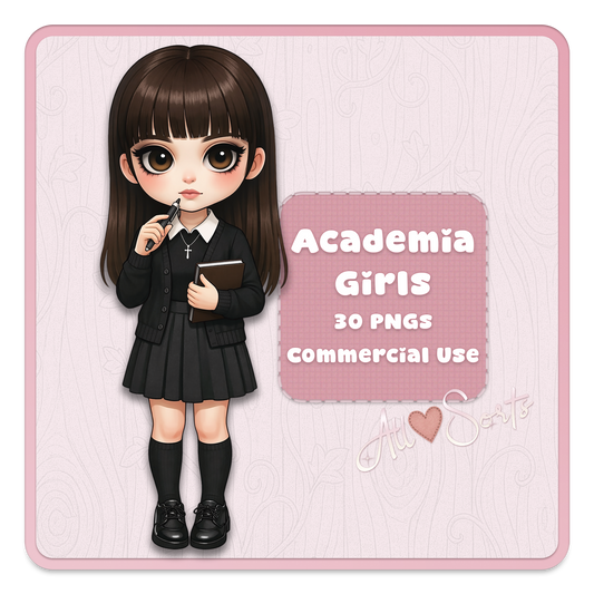 Academia girls clipart bundle, dark academia student characters with books, school uniform girls PNG set for journaling and crafts