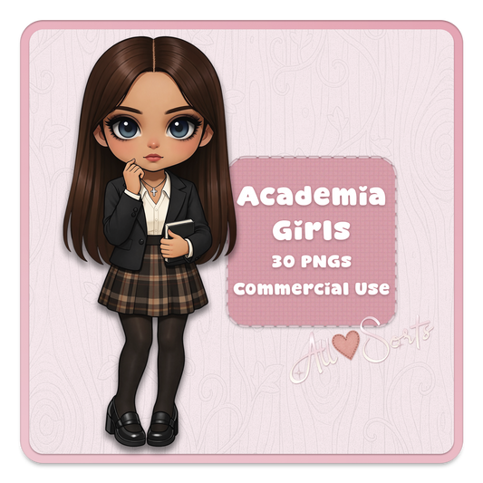 Dark academia girls clipart bundle, bookish student characters in school uniforms, academia aesthetic PNG set for planners and crafts