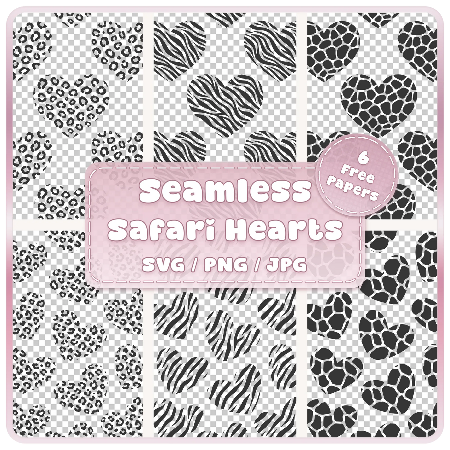 Animal print hearts seamless pattern SVG PNG JPG bundle with leopard zebra and giraffe heart designs