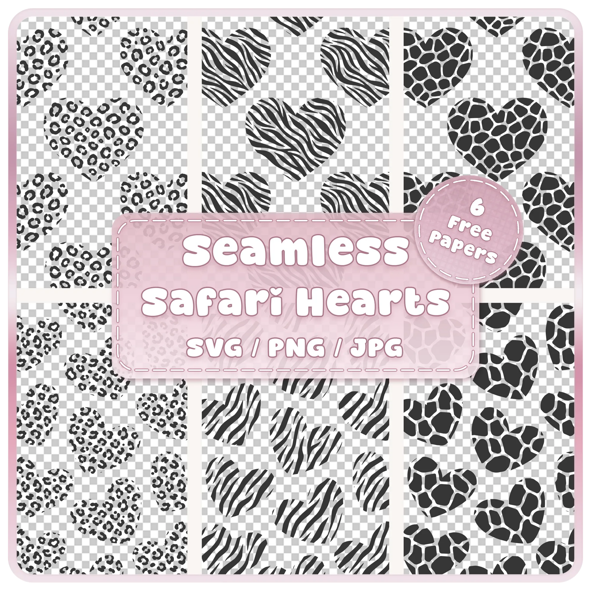 Animal print hearts seamless pattern SVG PNG JPG bundle with leopard zebra and giraffe heart designs
