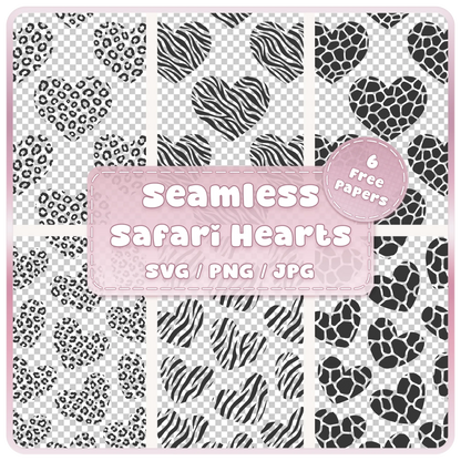 Animal print hearts seamless pattern SVG PNG JPG bundle with leopard zebra and giraffe heart designs