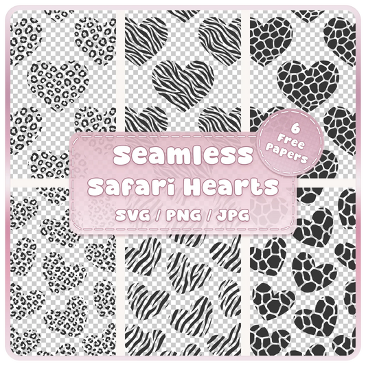 Animal print hearts seamless pattern SVG PNG JPG bundle with leopard zebra and giraffe heart designs