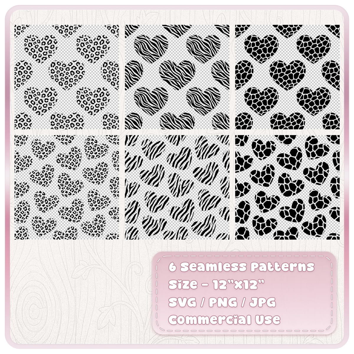 Six seamless animal print heart patterns featuring leopard zebra and giraffe hearts in large and small designs