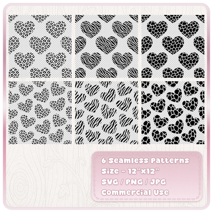 Six seamless animal print heart patterns featuring leopard zebra and giraffe hearts in large and small designs