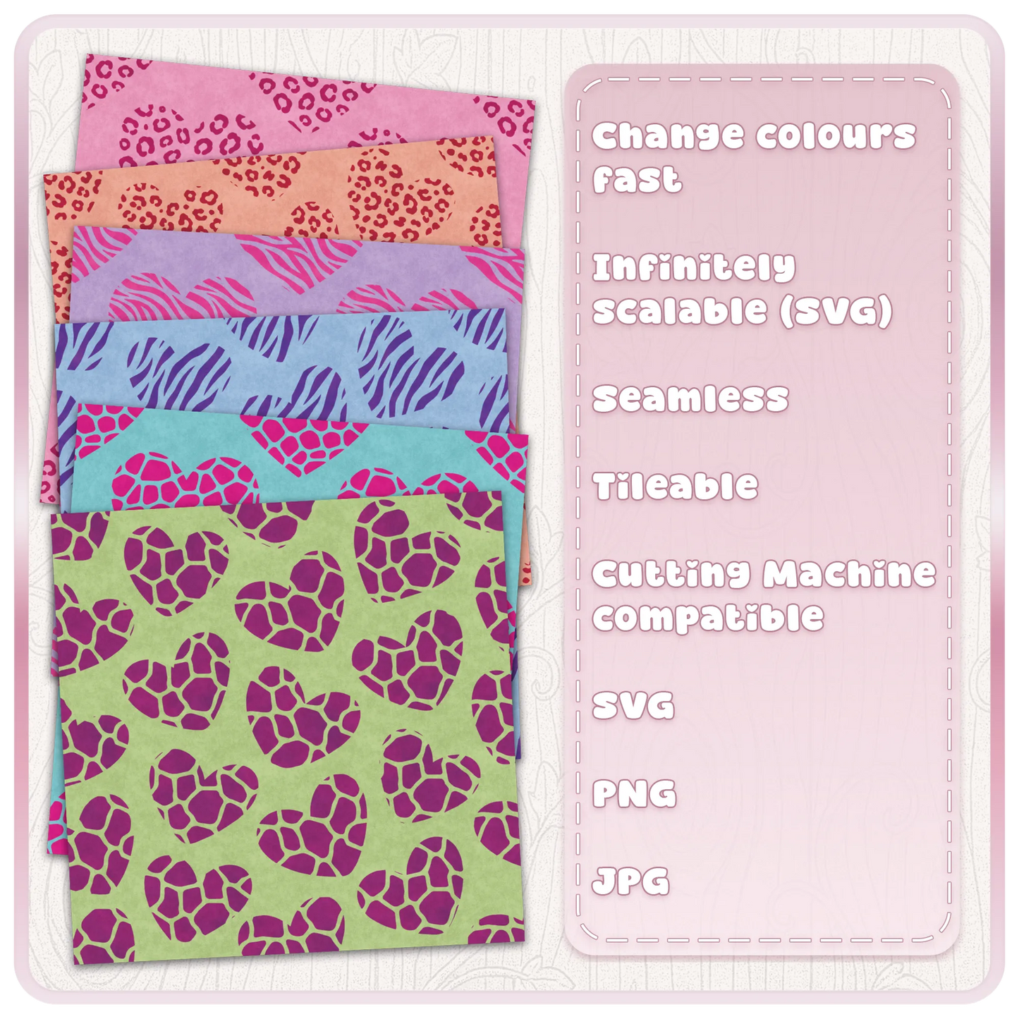 Colourful animal print heart digital paper examples with leopard zebra and giraffe seamless patterns