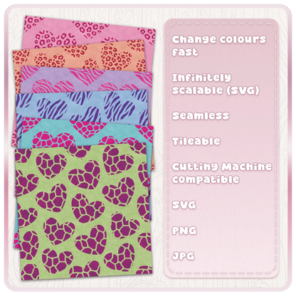 Colourful animal print heart digital paper examples with leopard zebra and giraffe seamless patterns