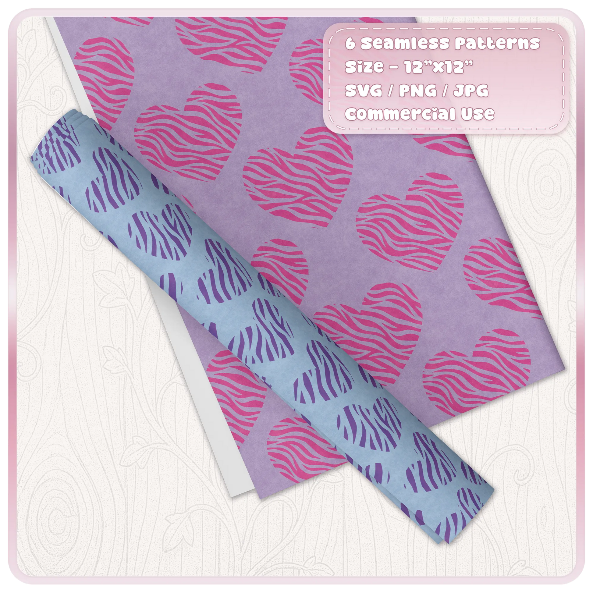 Pink and purple zebra heart seamless pattern digital paper shown as wrapping paper with SVG PNG JPG files