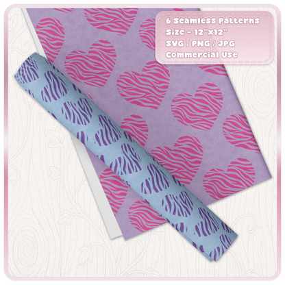 Pink and purple zebra heart seamless pattern digital paper shown as wrapping paper with SVG PNG JPG files