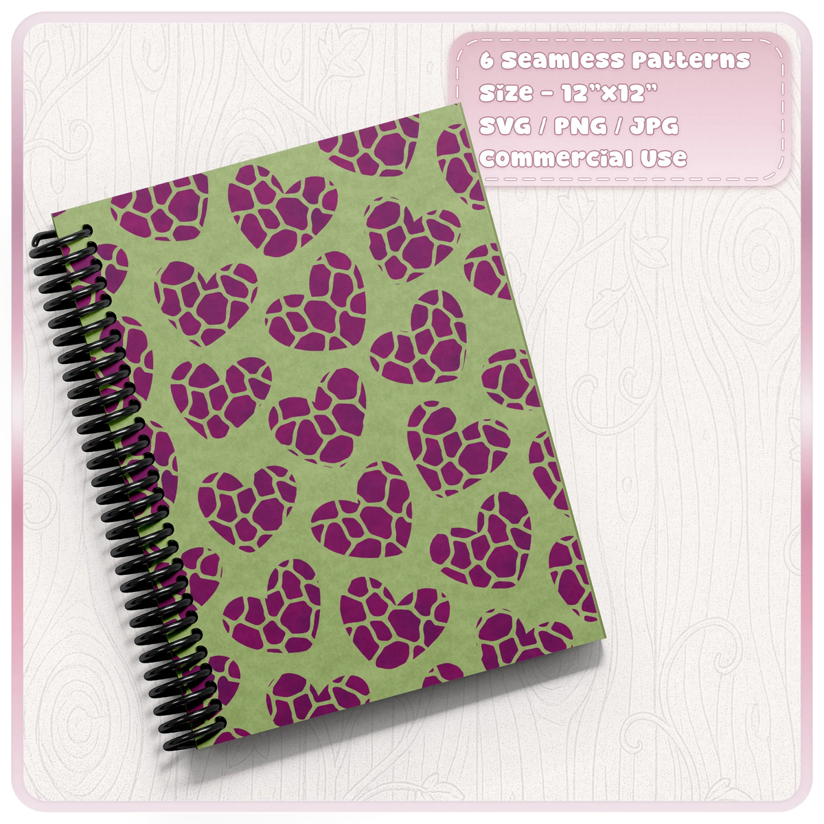 Green and purple giraffe heart seamless pattern shown on notebook cover for digital paper and craft projects
