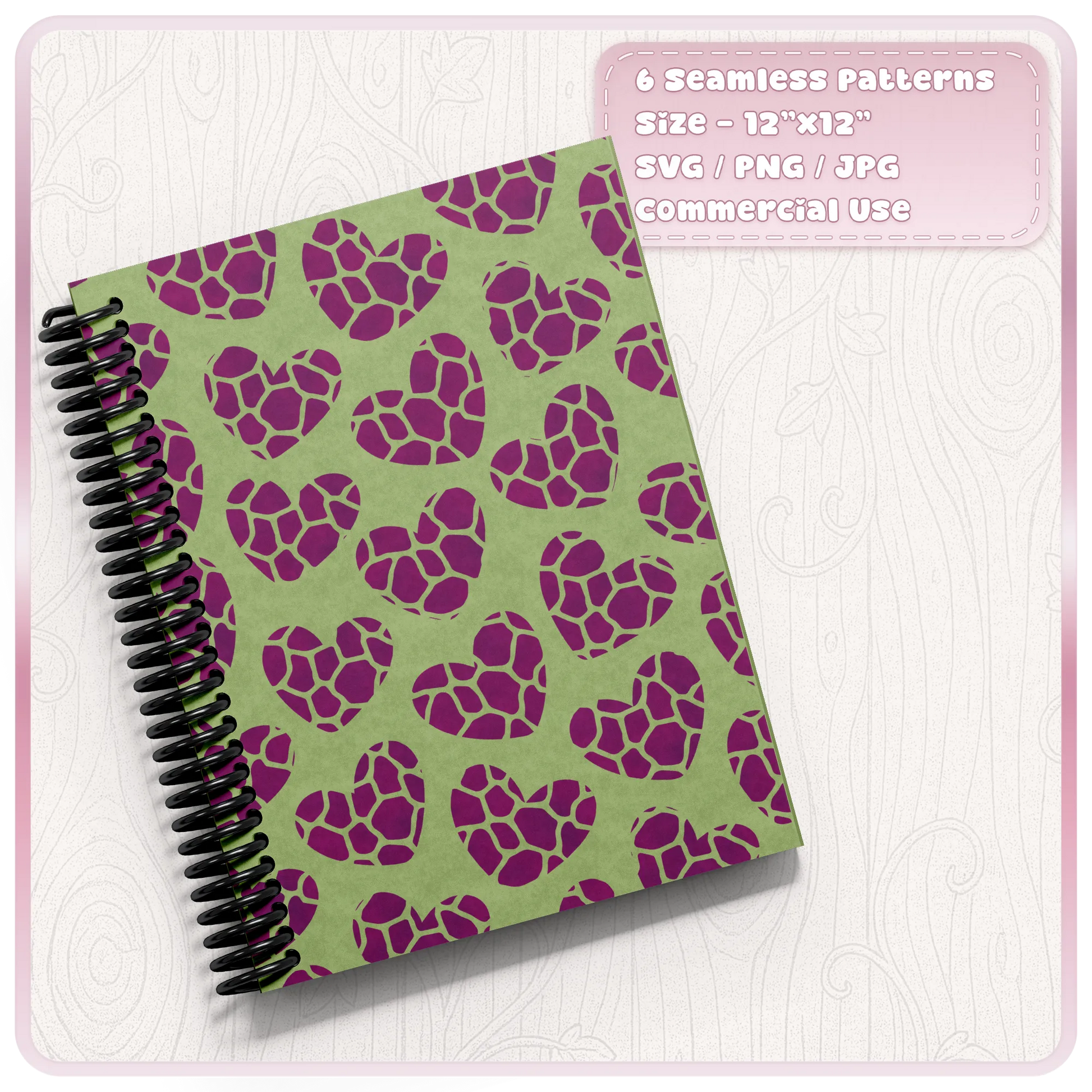 Green and purple giraffe heart seamless pattern shown on notebook cover for digital paper and craft projects