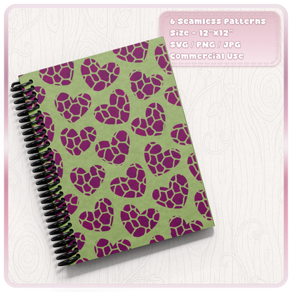 Green and purple giraffe heart seamless pattern shown on notebook cover for digital paper and craft projects