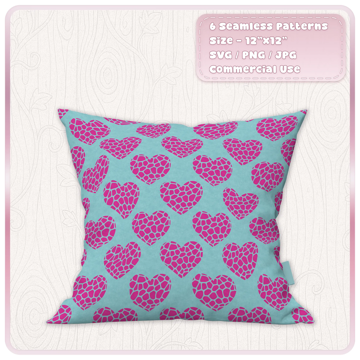 Aqua and pink giraffe animal print heart seamless pattern shown on decorative cushion mockup
