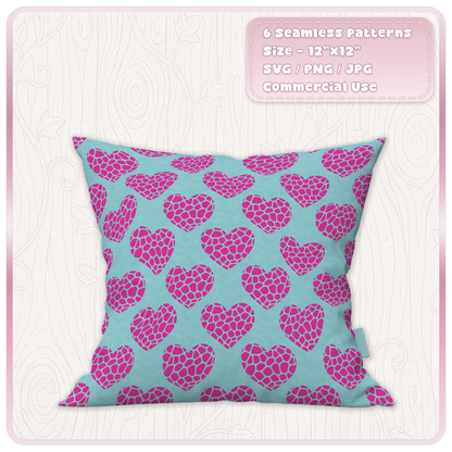 Aqua and pink giraffe animal print heart seamless pattern shown on decorative cushion mockup