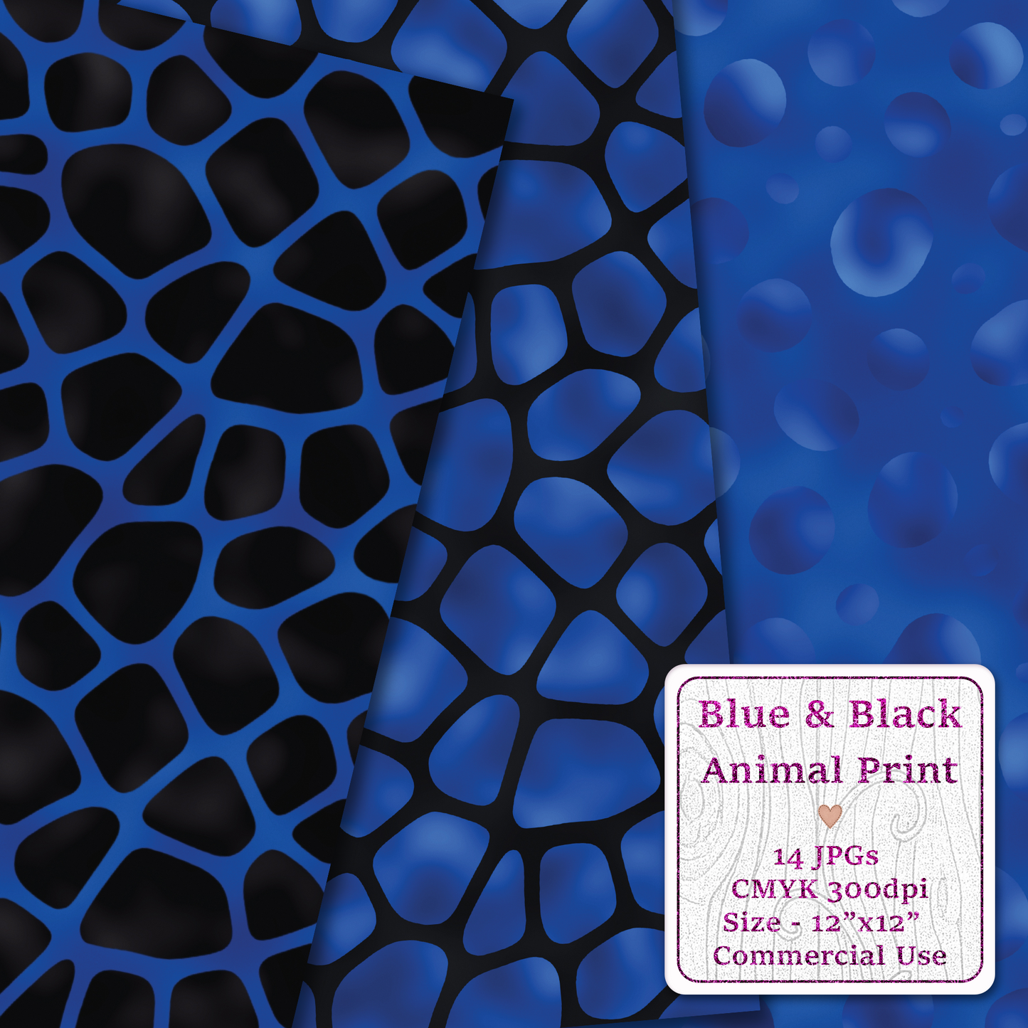 Blue & Black Animal Print Seamless Digital Paper Pack