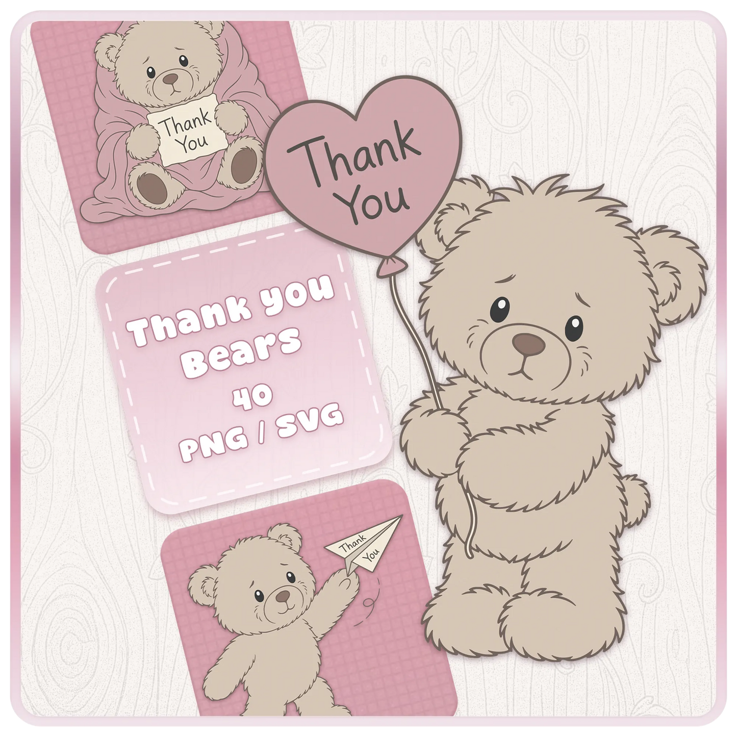 Beige thank you teddy bear SVG and PNG clipart bundle cover with cute teddy bear holding pink heart balloon and thank you text for digital crafts.
