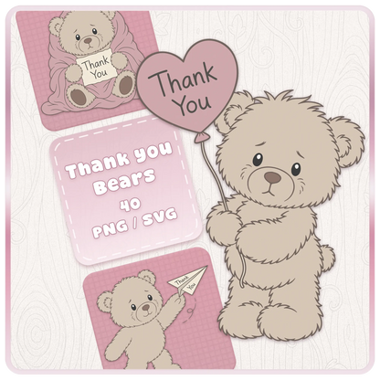 Beige thank you teddy bear SVG and PNG clipart bundle cover with cute teddy bear holding pink heart balloon and thank you text for digital crafts.
