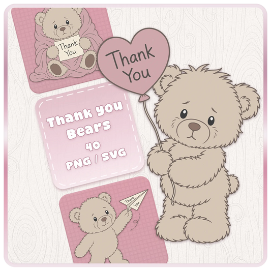 Beige thank you teddy bear SVG and PNG clipart bundle cover with cute teddy bear holding pink heart balloon and thank you text for digital crafts.