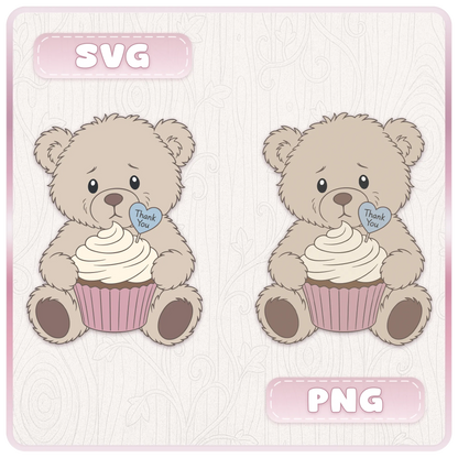 Thank you teddy bear SVG and PNG format preview showing cute beige bears holding cupcakes with pastel pink labels for Cricut and printable projects.