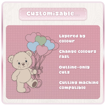 Customizable beige teddy bear clipart preview with pastel heart balloons, layered colour SVG files, outline-only cuts, and cutting machine compatible designs.