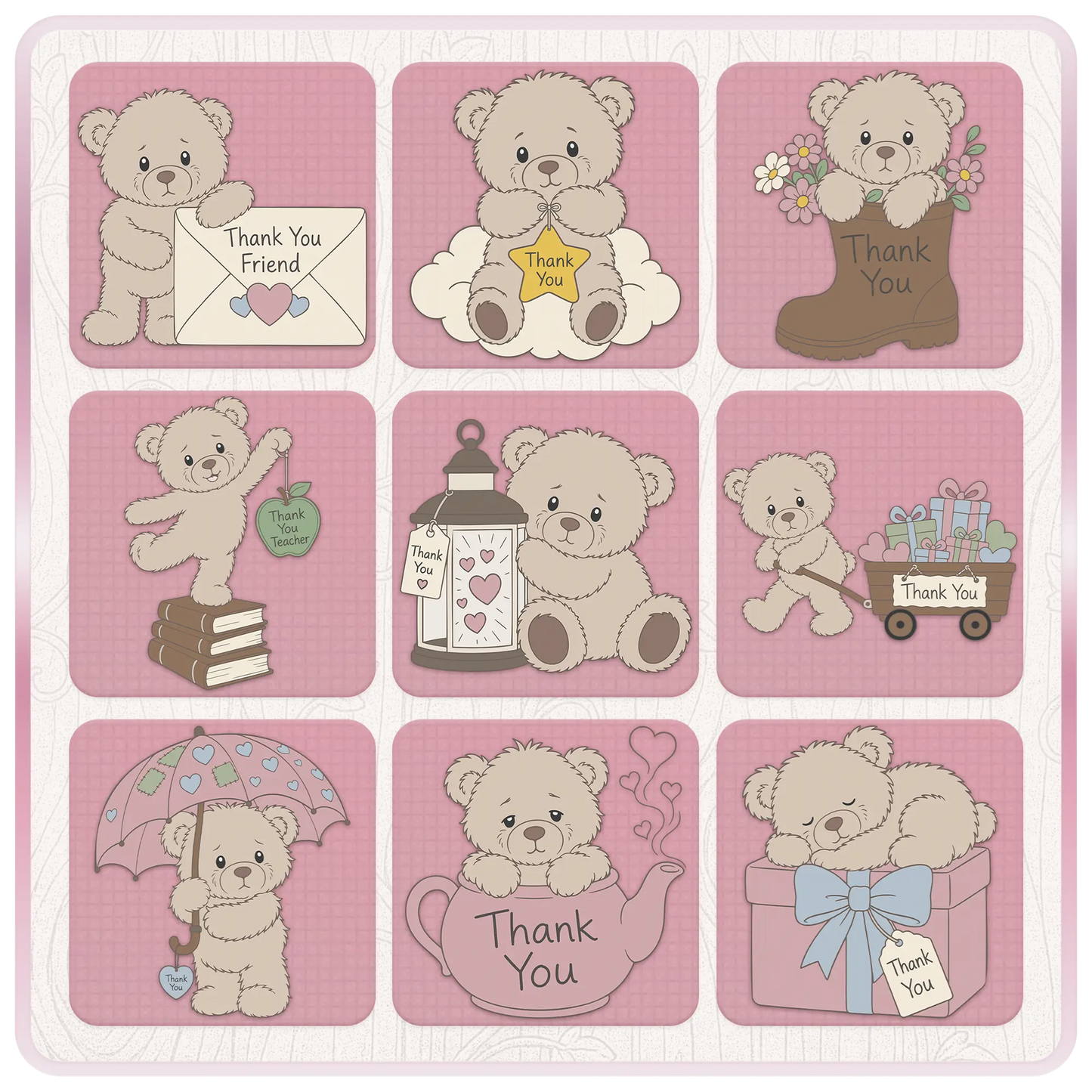Beige thank you teddy bear clipart collection featuring bears with envelope, star, boot, teacher tag, lantern, wagon, umbrella, teapot, and gift box designs.