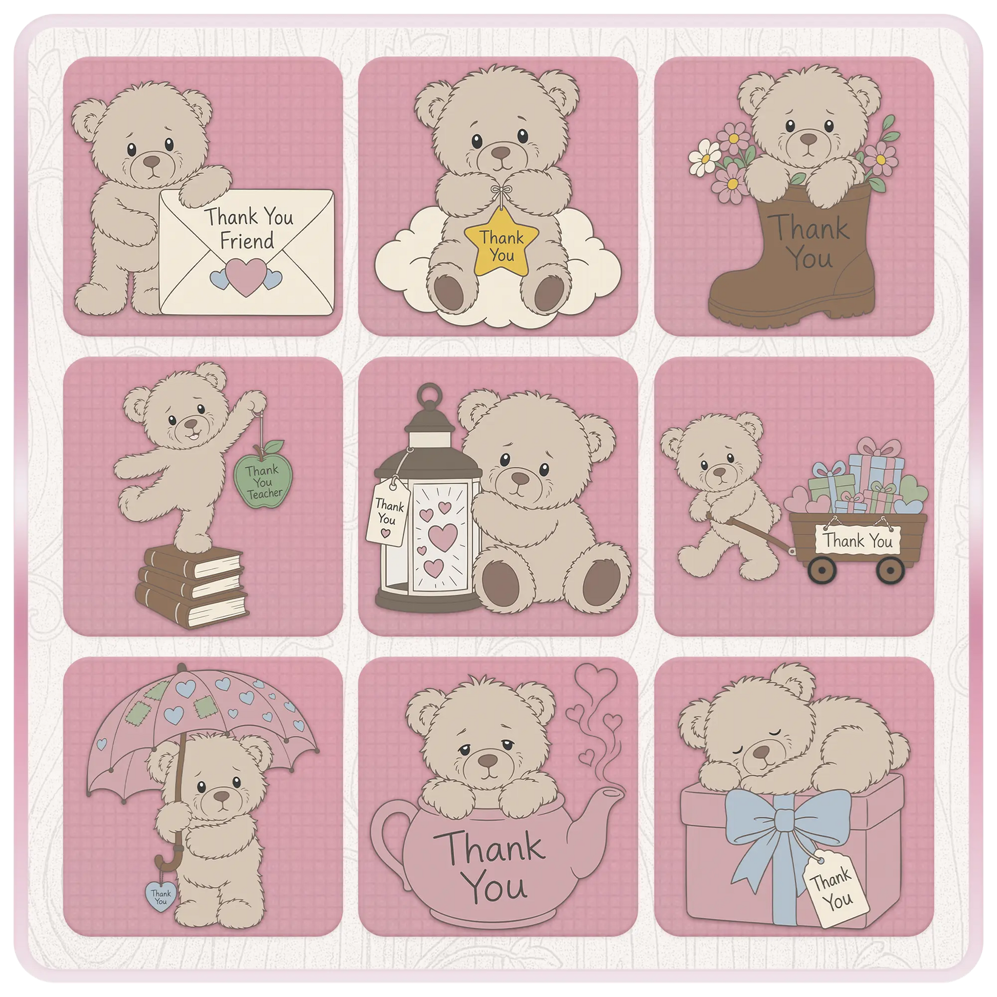 Beige thank you teddy bear clipart collection featuring bears with envelope, star, boot, teacher tag, lantern, wagon, umbrella, teapot, and gift box designs.