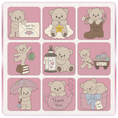 Beige thank you teddy bear clipart collection featuring bears with envelope, star, boot, teacher tag, lantern, wagon, umbrella, teapot, and gift box designs.
