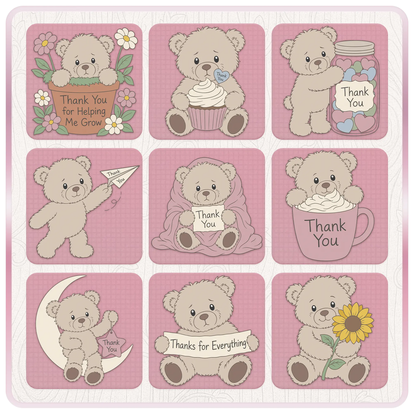 Cute beige teddy bear thank you SVG bundle preview with flowers, cupcake, jar of hearts, paper airplane, blanket, mug, moon, banner, and sunflower designs.