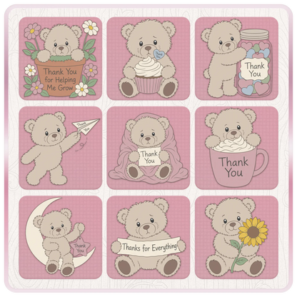 Cute beige teddy bear thank you SVG bundle preview with flowers, cupcake, jar of hearts, paper airplane, blanket, mug, moon, banner, and sunflower designs.