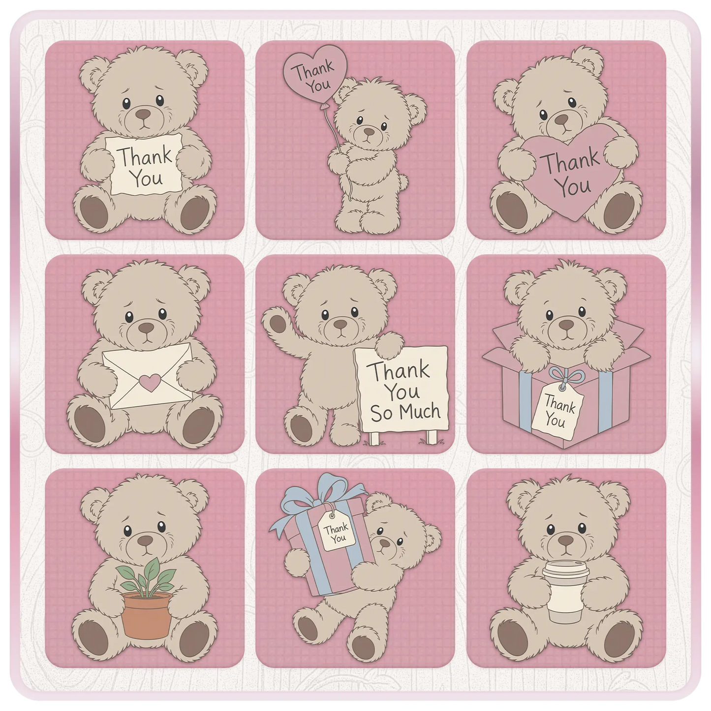 Beige thank you teddy bear SVG and PNG bundle preview featuring bears with thank you signs, heart balloon, envelope, plant, gift box, coffee cup, and appreciation graphics.