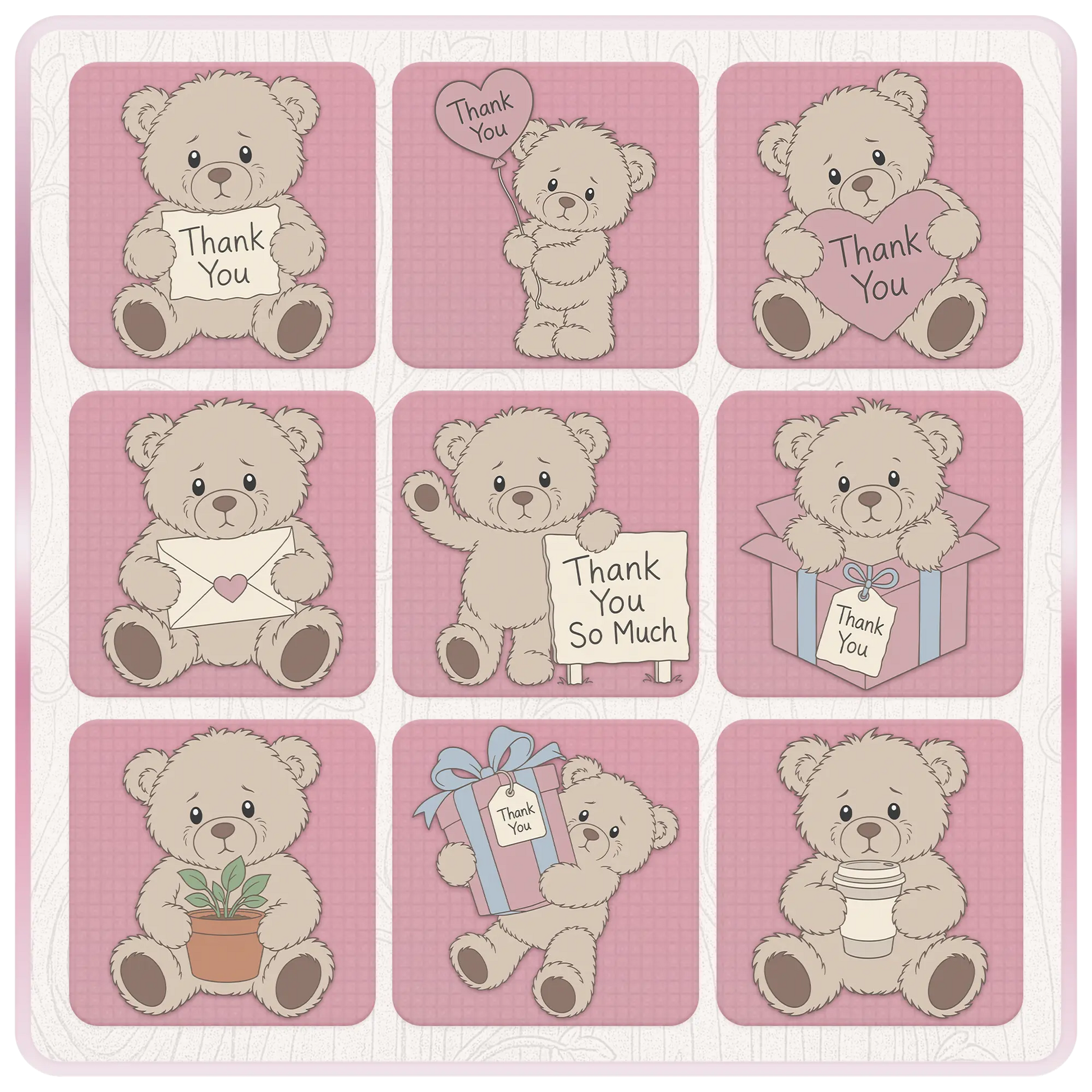 Beige thank you teddy bear SVG and PNG bundle preview featuring bears with thank you signs, heart balloon, envelope, plant, gift box, coffee cup, and appreciation graphics.