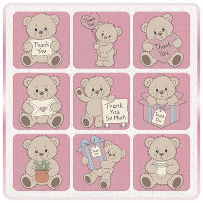 Beige thank you teddy bear SVG and PNG bundle preview featuring bears with thank you signs, heart balloon, envelope, plant, gift box, coffee cup, and appreciation graphics.