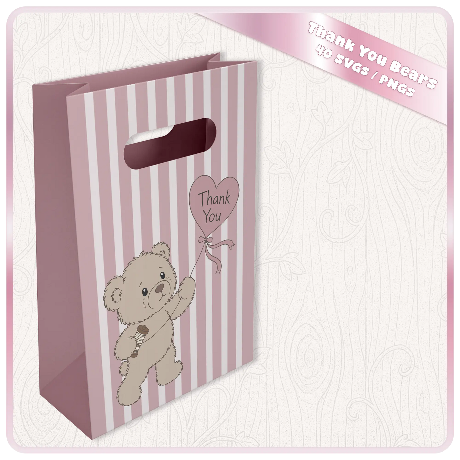 Thank you teddy bear gift bag mockup with beige bear holding heart balloon on pink striped bag, ideal for SVG and PNG craft product previews.