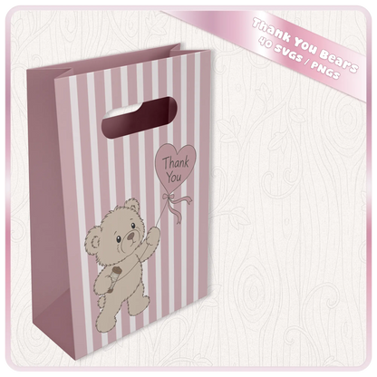 Thank you teddy bear gift bag mockup with beige bear holding heart balloon on pink striped bag, ideal for SVG and PNG craft product previews.
