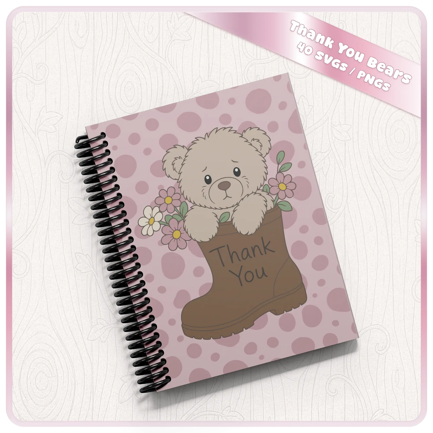 Thank you teddy bear notebook mockup with beige bear in flower boot on pink polka dot cover for printable clipart and digital design projects.